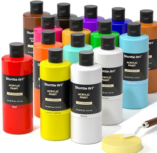 Shuttle Art Acrylic Paint Set, 15 Pack Large Bottle Set | 473ml/16oz Each, 14 Colours and Extra White, Art Paint for Artists & Kids on Canvas, Wood, Crafts