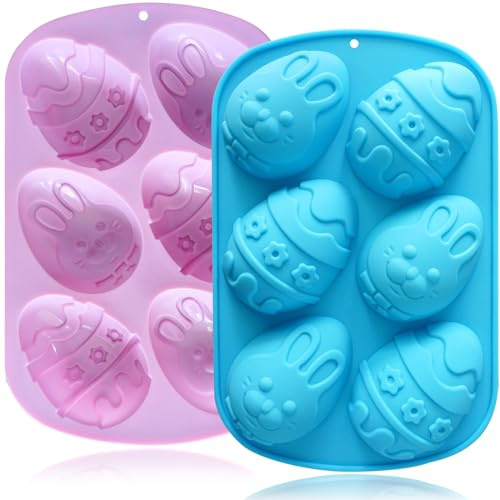 Egg Shape Silicone Molds 3.5 Inch, 2-Pack Chocolate Baking Holiday Easter Mould, Non-Stick BPA Free, Kid-Friendly Soap Mold Rabbit & Floral Designs, Blue & Pink