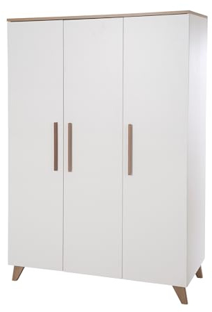 roba Armadio per bambini a 3 ante Ole – Armadio per bambini con manici e piedini in legno massello di alta qualità – Legno laccato bianco/decorazione rovere scuro