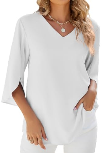 YUTILA Damblus, elegant V-ringad tunika, skjorta, lediga chiffongtoppar, lös flytande, sommarblus, A-vit, L