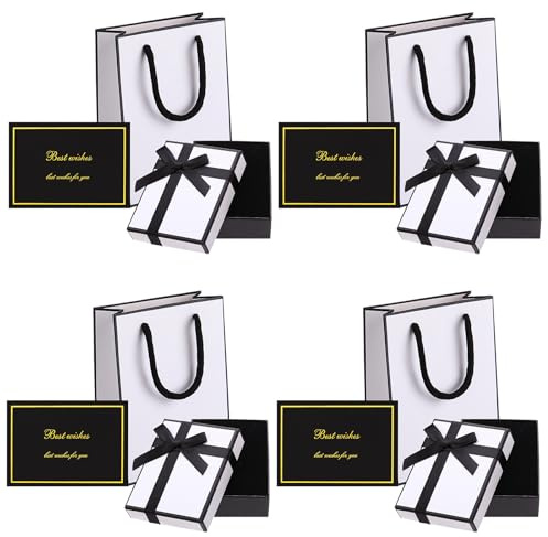 Meng Jiaran 4 Set Small Gift Boxes and Gift Bags Set, 9x7x3 CM White Kraft Gift Boxes Jewelry Gift Box with 4 Greeting Cards, Earrings Necklace Gift Boxes for Birthday Valentine's Day