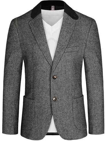 PJ PAUL JONES - Giacca sportiva da uomo in tweed misto lana, vintage, a spina di pesce, nero, S