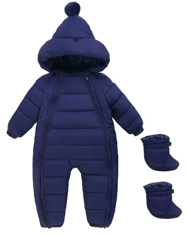 SEAUR Infant Baby Snowsuit Winter Coat Toddler Onesie Outwear Clothes Navy Blue with Shoes 12-18 Months