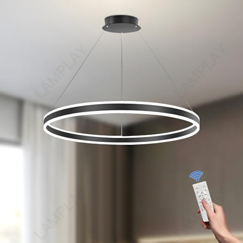 LAMPLAY Lampada A Sospensione Moderna A LED Rotonda, 1 Lampadario Ad Anello Nero, Dimmerabile Con Telecomando 3000K-6000K Lampada Da Soffitto, Altezza Regolabile, Soggiorno Camera Da Letto(Ø80cm)