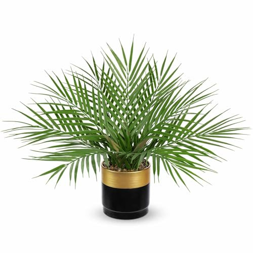Oairse Artificial Palm Plant in Gold Metal Pots Faux Indoor Plant for Table | 40cm Decorative Fake Potted Plants Realistic Greenery for Home Office Shelf Table Desk Bathroom Living Room Decor