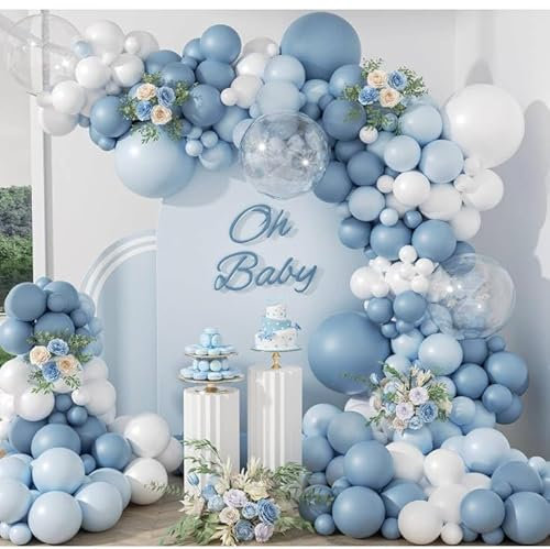 Kit Arco Palloncino Blu Polveroso, 108 Pezzi Arco Ghirlanda Palloncini Bluy con Palloncini Bianco Blu Trasparente, Decorazioni Festa per Compleanno, Baby Shower, Battesimo Bambino, Matrimonio
