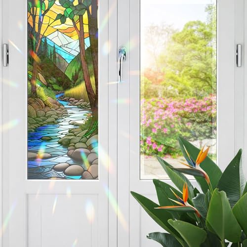 Decorative River Stained Glass Window Film, River Stained Glass Window Film for Bathroom Door Heat Anti UV