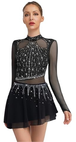 CHICTRY Abito da Pattinaggio Artistico Donna in Chiffon Paillettes Loetard Ginnastica Artistica Body Danza Classica Balletto Vestito da Ballo Latino Performance Nero M