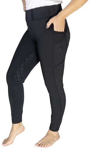 DaisenFit Women’s Full-Seat Equestrian Designer Riding Leggings with Refined Piping & Signature Button Back Pockets (US, Alpha, Medium, Regular, Regular, Black)