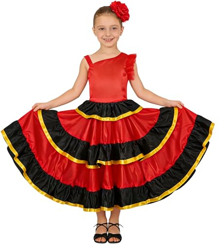 LOLANTA Vestido Flamenco con Volantes para Niña 3 Piezas, Estilo Sevillana, con Flor Roja y Abanico Plegable, 360 Grados, 10-11 años, 150