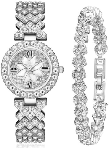 Gardenvy Women's Elegant Flower Dial Wristwatch and Bracelet Set Wholesale Ladies Luxury Rhinestone Watch & Bracelet Set