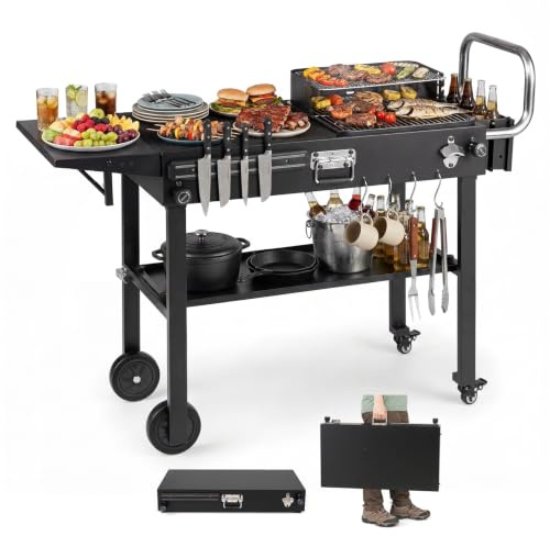 COSTWAY Grillvagn utomhus, grillbord vikbart, pizzbord med sidobord | Serveringsvagn metall med hjul, arbetsyta, krokar, grillsidobord väderbeständigt, för BBQ partys trädgård, 118 x 43 x 88 cm