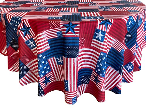 Newbridge 70 Inch Round Fabric Tablecloth, American Flag Patchwork, Heavy Weight Indoor Outdoor Stain and Water Resistant Fabric Table Cover, Blue and Red Patriotic Flag
