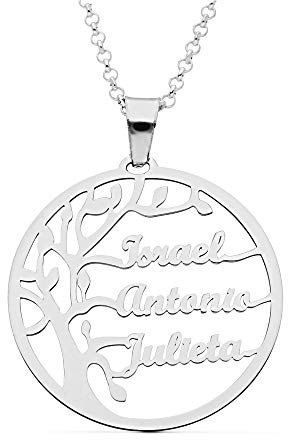 doble aro - Collar Arbol de la Vida con Nombres Personalizado en Plata de Ley - Entre 1 y 6 Nombres - Largo 42cm + 3cm de alargador