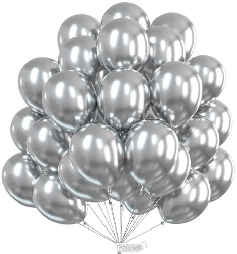 PartyWoo Silver Balloons, 50 pcs 12 inch Metallic Balloons and 20m Ribbon, Silver Metallic Balloons, Shiny Latex Balloons, Helium Balloons, Birthday Balloons, Birthday Decorations, Wedding Decorations