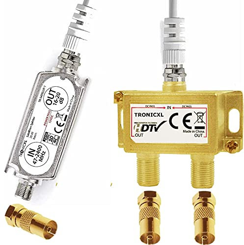 TronicXL Répartiteur d'antenne 2 Voies qualité supérieure amplificateur Satellite numérique HD pour TV DVBT DVBS Unicable 3D 4K HDTV Répartiteur Souple 2 téléviseurs fiche F Adaptateur coaxial