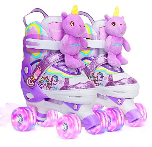 Patins à roulettes Enfant Poupée Licorne Roller Quad Ajustable avec 4 Roues Lumineuses Taille Réglable pour Filles Débutants Cadeau d'anniversaire Noël M(34~37)