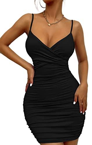 Zesoyne Womens Sexy Mini Bodycon Ruched Tank Dress Spaghetti Strap Vneck Party Short Wrap Cami Clubwear Outfit L Black