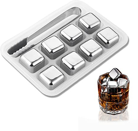 Eiswürfel Aus Edelstahl, 8 Stück Whisky Steine Set, mit Zange, Whisky Eiswürfel Wiederverwendbar, für Whiskey, Wodka und Tequil, Silber