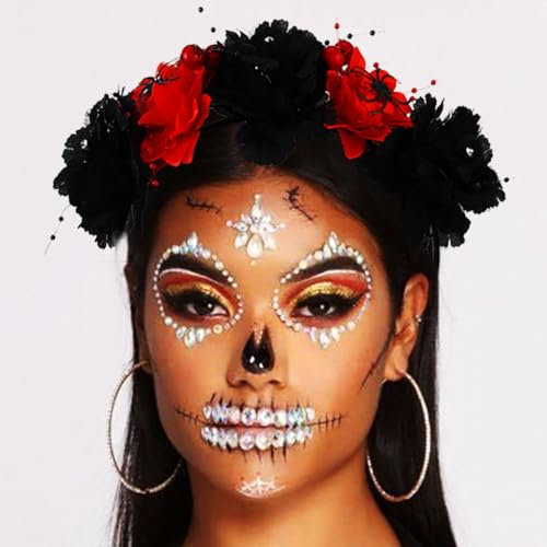 Zoestar Serre-tête à fleurs pour Halloween, couronne d'araignée, serre-tête floral rose, cerceau pour cheveux mexicain, fête des morts, costume pour femmes et filles