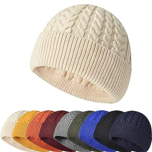 Enwokran Stickad mössa för män, unisex termisk mjuk fiskare trawler mössa mössa kant skalle keps för utomhussport, BEIgE, one size