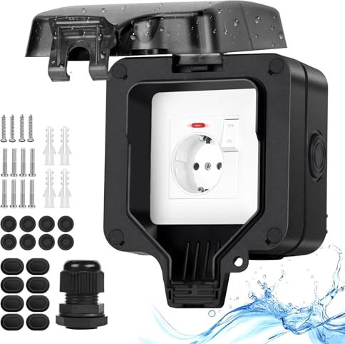 Presa esterna impermeabile IP66 con interruttore e spia di controllo, da parete e da giardino, per esterno, presa a muro chiudibile, coperchio nero