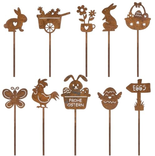 BOFUNX 10pcs Ostern Gartenstecker Rost Osterhasen Figuren Blumenstecker Frohe Ostern Gartendeko für Ostern Deko Rostdeko Gartendeko