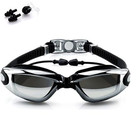 BEEWAY Schwimmbrille, Kein auslaufender Anti-Nebel-UV-Schutz, Nasenklammer und Ohrstöpsel Schwimmbrille befestigt Ohrstöpsel für erwachsene Männer Frauen-Schwarz Silber