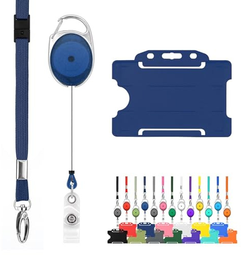 Retractable Lanyard and Badge Holder Trio Triple Pack by LanyardsTomorrow - Set Includes A Single Plain Lanyard, Extendable Carabiner Yoyo Reel Clip and Rigid ID Card Holder (Navy)