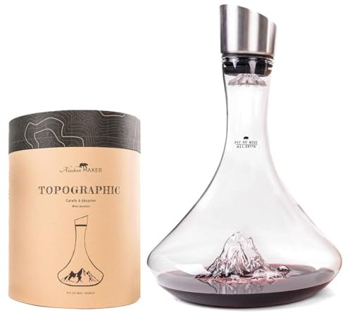 Carafe à décanter le vin 1.8 L | Borosilicate de qualité supérieure soufflés artisanalement avec les montagnes en relief | Bouchon 3 en 1 (filtre, aérateur et bec verseur) (Pic du Midi)