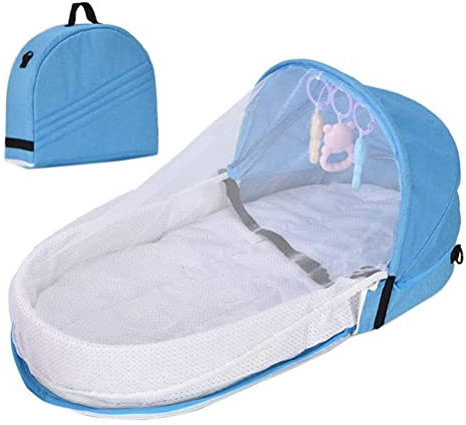 Ghzste Baby Travel Cot, Portable Baby Travel Bassinet with Mosquito Net and Toy, Foldable Cot, Toddler Travel Bed for Home Travel (Blue)