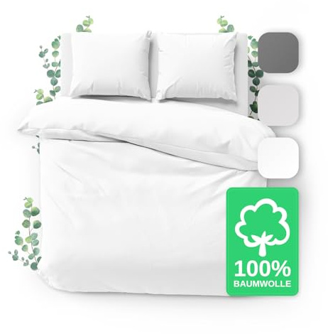 JACOBSON Bettwäsche 155x220 Set - 100% Baumwolle Bettbezug 155x220 cm + 2 Kissenbezüge 80x80 cm, Perkal Bettwäsche 3-teilig mit Reißverschluss (155x220cm, Weiß, 3-teilig)