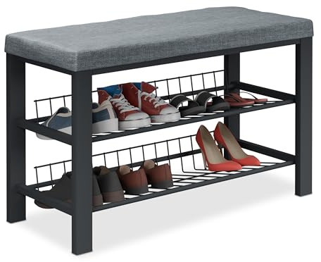 Relaxdays Banco Zapatero, Organizador Zapatos Recibidor, Acolchado, 2 Baldas, Tela, Metal, 50,5x82x33cm, Gris y Negro