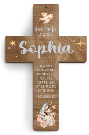 Taufkreuz personalisiert aus Holz Taufgeschenk Mädchen Junge 13x20cm - Jesuskind in der Krippe - Walnussholz Look