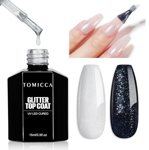 TOMICCA Glitter Top Coat Gel UV, 15ml No Wipe Top Coat Glitter Gel Nail Polish, Soak UV/LED Nail Polish Gift for Nail Studio DIY Home