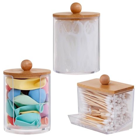 Bangbobi Boîtes à Cotons-tiges en Acrylique Rangement de Cotons-tiges avec couvercles en Bambou - Distributeur de Cotons-tiges - Rangement de Cotons-tiges pour Salon, Chambre et Salle de Bain