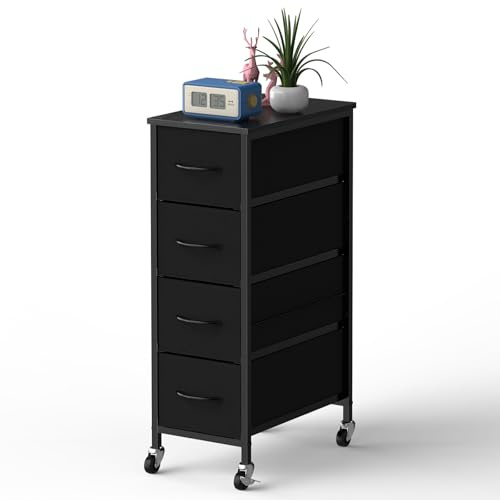 LIANTRAL Schmale Kommode mit 4 Stoffschubladen, Stoffkommode, Aufbewahrungsschrank mit Rollen, Kommodenschrank für Schlafzimmer, Wohnzimmer, Badezimmer, mit Stabiler Metallrahmen, Holzplatte, Schwarz