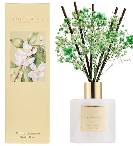 COCORRSTENNA Rumdoft Reed diffuser med 8 doftpinnar 200 ml, vit jasmin, naturlig, långvarig, hemdoft eterisk olja reed diffuser för badrum hylla dekoration
