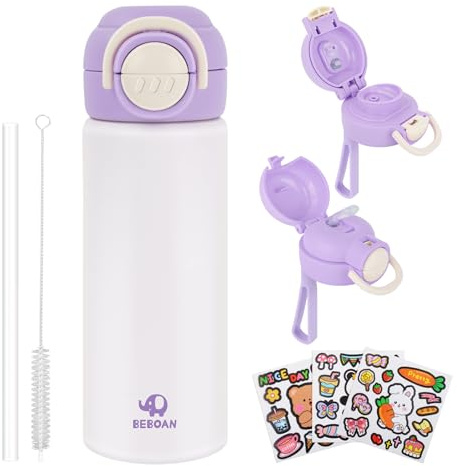 BEBOAN Metal Water Bottle Purple 550ml/18.6oz Insulated Water Bottling with Straw, Stainless Steel Double-Walled Thermal Bottle BPA-Free