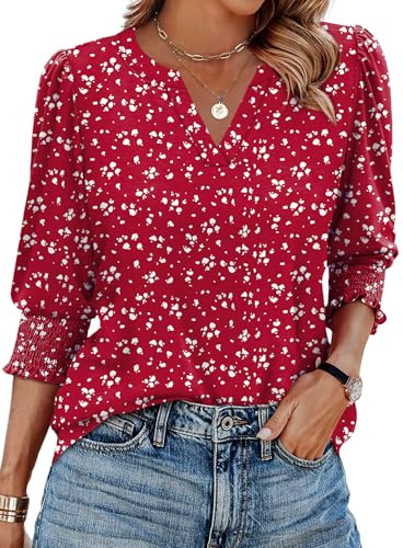 Aokosor Womens 3/4 Sleeve Tops Ladies Blouses V Neck T Shirts Puff Sleeve Tunic Curved Hem Office Wear Size 22-24 Red White Dot