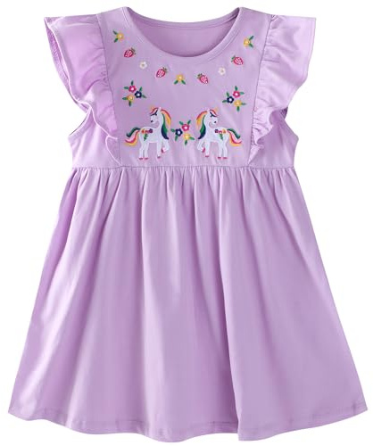 FILOWA Unicornio Vestido para Niña Algodón Vestidos, 5-6 años, Morado