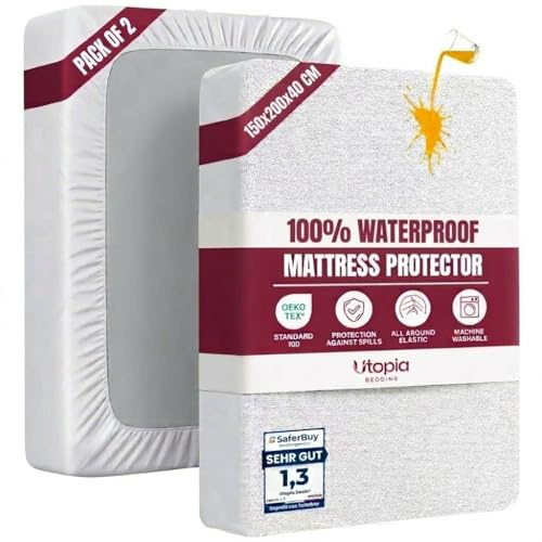 Waterproof Mattress Protector, King 150x200 cm, Fits 40cm Deep (Pack of 2) | Terry Top Waterproof Mattress Protector with Elastic Skirt, Oeko-Tex Certified, by Utopia Bedding