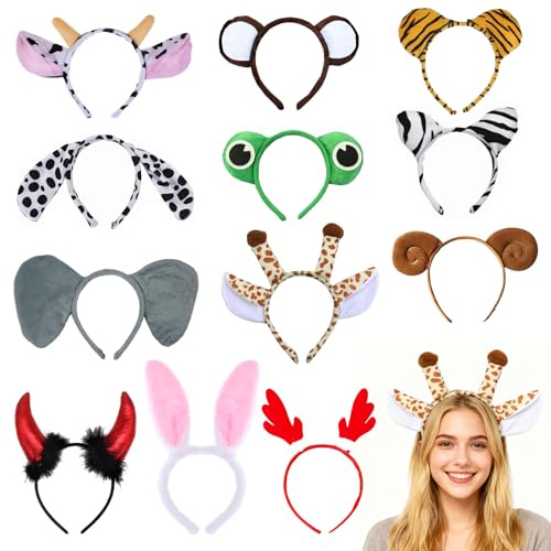 Spetsbst djur pannband med öron 12x tecknade djur öron pannband set | Tiger giraff kanin katt kostym tillbehör huvudbonad för vuxna barn fest karneval födelsedag