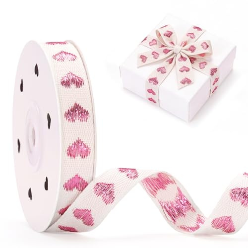 G2PLUS Ruban en Coton Or rose avec Motif Cœur: ruban cadeau 15mm x 9m - pour Mariage, Cadeaux, Artisanat, Couture et Fête