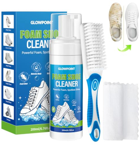 GLOWPOINT Shoe Cleaner, 200ml White Shoe Cleaning Kit with Brush & Towel, Sneaker Cleaner Foam Removes Dirt & Stain for Tennis Shoe, PU Leather