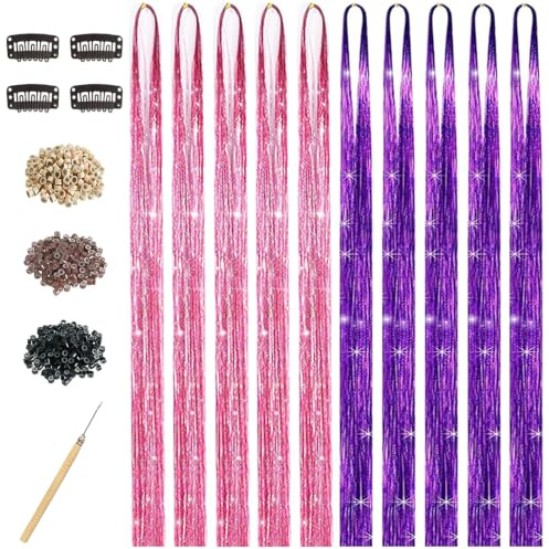 Hair Tinsel Kit for Girls, 10 Pcs 4200 Strands Fairy Tinsel Hair Extensions Holographic Hair Tinsel Heat Resistant Colored Hair Glitter Christmas Party Festival (Pink+Purple)