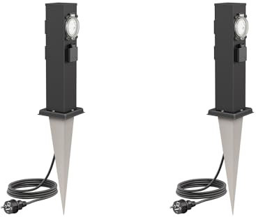 ledscom.de 2 Stück Garten-Steckdosen-Säule Polly mit Erdspieß und 2m Kabel für außen, IP44, 3-Fach mit Timer/Zeitschaltuhr, Edelstahl, eckig, schwarz, 38cm