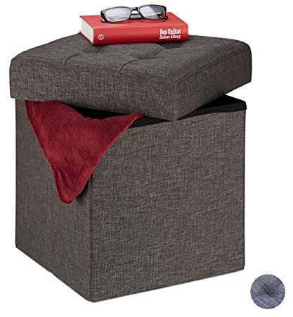 Relaxdays Sitzhocker mit Stauraum, faltbar, weich gepolstert, gesteppt, Stoff, Sitzwürfel, HxBxT: 41 x 38 x 38 cm, braun