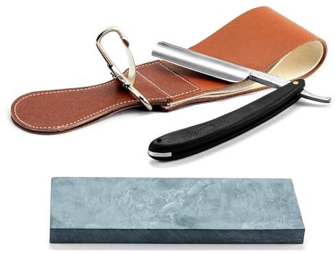 Grandslam Pro Natural Wooden Handle 420 Steel Straight Razor, 2 Layers Long Leather Canvas Strop, Sharpening Stone,2 Side Grit 3000 Waterstone Knife Sharpener