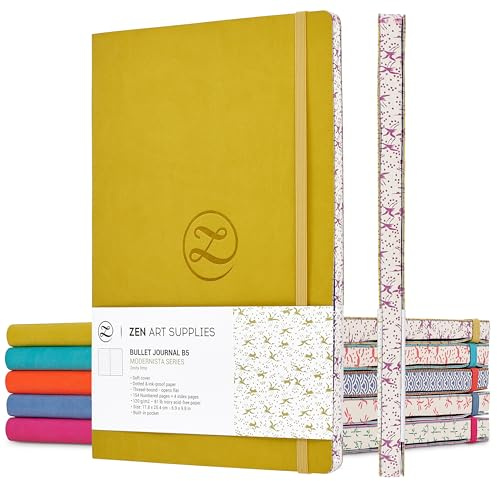 Soft Cover B5 Bullet Dotted Journal Notebook - 120 gsm Dot Grid 160 Pages | Lay Flat, Water-Scratch Resi. Faux Leather, Japanese Edge, 2Bookmarks + Pocket - Yellow Large Journal Dotted Notebook 7x10 In
